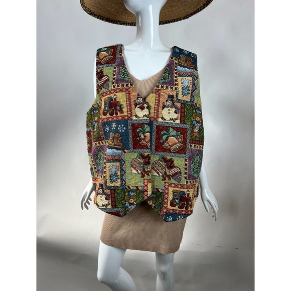Westbound Vintage Plus Sized Holiday Christmas Vest  1X Green  Patchwork Tapestr - Picture 2 of 16